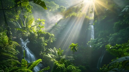 Sticker - Tropical forest with dense vegetation and waterfalls hidden