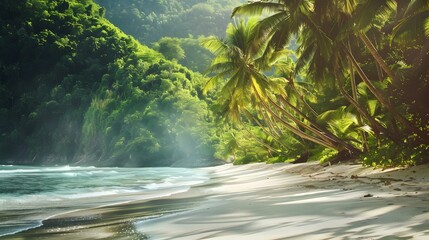 Sticker - Secluded beach with coconut trees growing along img