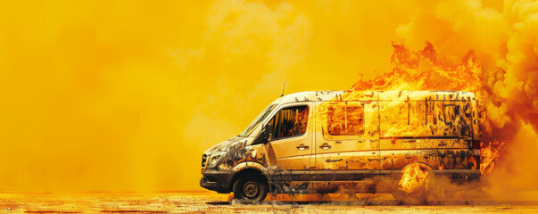 Wall Mural - a burning van engulfed in flames and smoke, isolated on a vivid yellow background. the bright