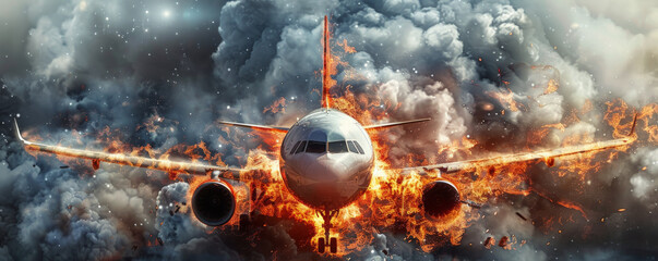 Wall Mural - an airplane on fire, with flames and thick smoke rising, isolated on a metallic silver background. t