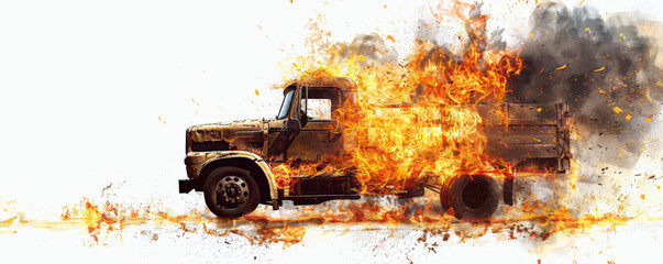 Wall Mural - a truck in flames, with fierce fire and thick smoke, isolated on a stark white background. the vivid