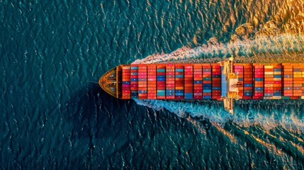 Large Ship with Red and Blue Containers on Ocean: Maritime Transport and Logistics Concept