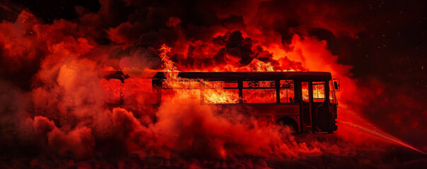 Wall Mural - a bus engulfed in flames and smoke, isolated on a gradient background transitioning from black to