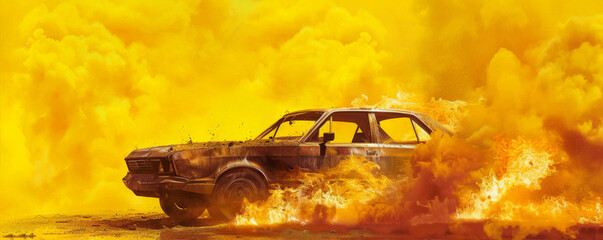 Wall Mural - a burning car engulfed in flames and smoke, isolated on a vivid yellow background. the bright
