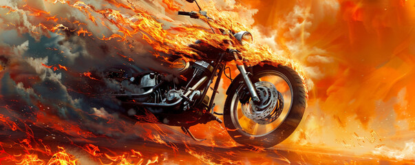 Wall Mural - a motorcycle ablaze with fierce red and yellow flames, surrounded by swirling gray smoke, set agains