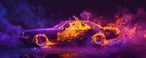 Wall Mural - a car on fire, with flames and smoke billowing, isolated on a dark purple background. the intense