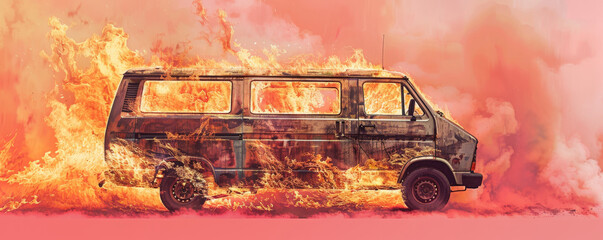 Wall Mural - a burning van with fierce flames and heavy smoke, isolated on a pastel pink background. the unusual