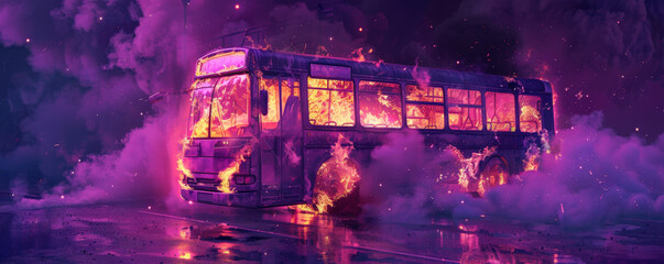 Wall Mural - a bus on fire, with flames and smoke billowing, isolated on a dark purple background. the intense