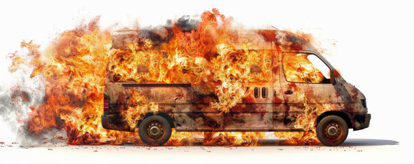 Wall Mural - a van in flames, with fierce fire and thick smoke, isolated on a stark white background. the vivid d