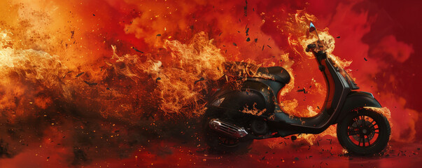 Wall Mural - a burning scooter engulfed in flames with thick black smoke billowing out, isolated on a bright red
