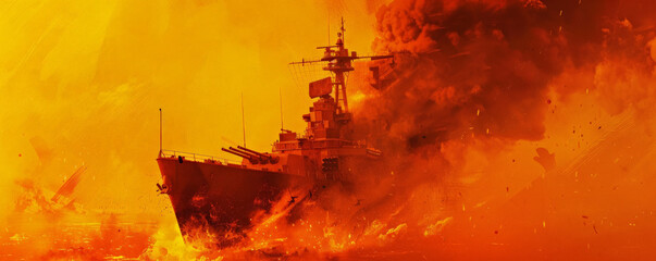 Wall Mural - a military ship ablaze with intense flames and thick smoke, isolated on a bright orange background,