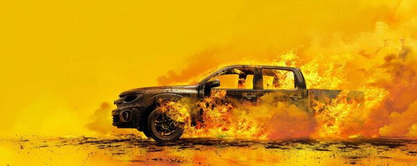 Wall Mural - a burning car engulfed in flames and smoke, isolated on a vivid yellow background. the bright