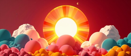 Glowing Neon Retro Summer Solstice Digital Animation with Bright Sun and Retro Music