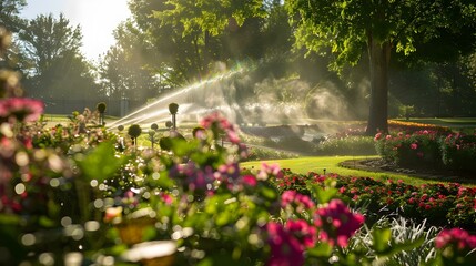 Wall Mural - Automatic sprinklers installed along garden paths spraying water image