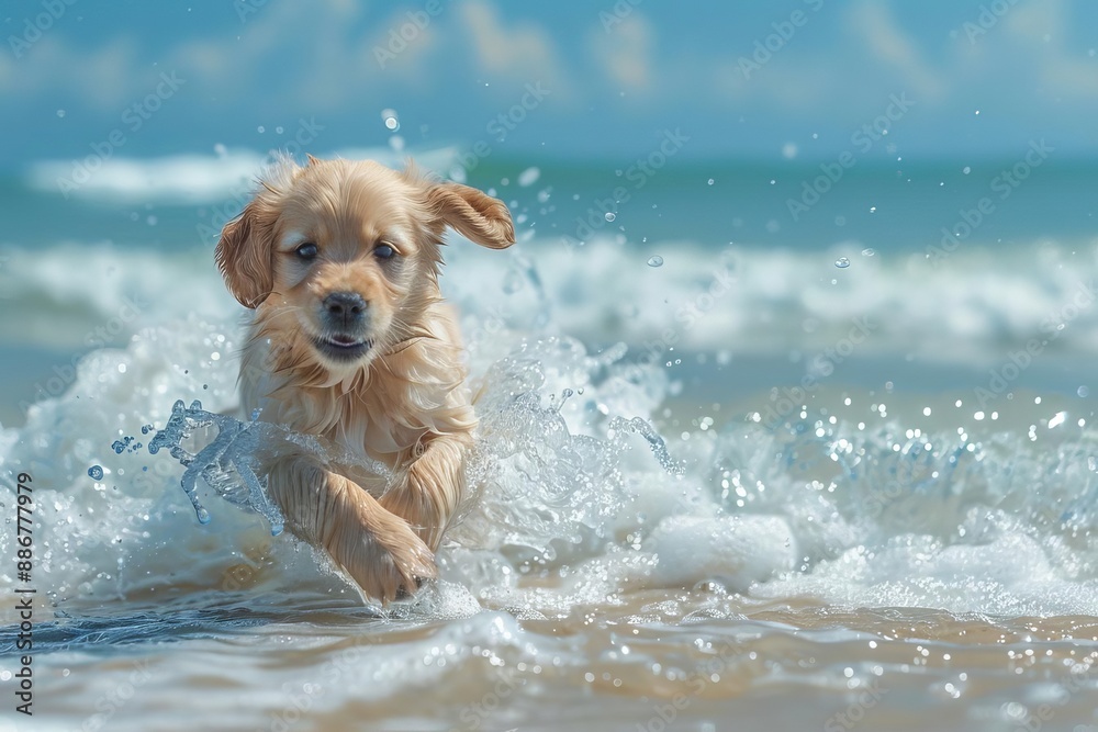 Happy golden retriever puppy splashing in ocean waves on a sunny beach ...