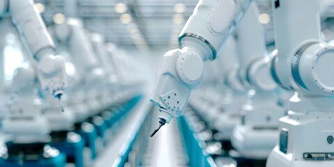 Wall Mural - Robotic arms automate tasks in intelligent factories for efficient manufacturing processes. Concept Automation, Robotics, Intelligent Factories, Manufacturing Efficiency, Robotic Arms