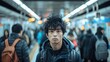 © Thanyaporn - A man stands in a crowded subway station, surrounded by people but completely detached, staring blankly at the ground. The bustling environment contrasts sharply with his withdrawn and anxious