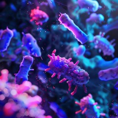 Wall Mural - microscopic view of stylized bacteria and viruses vibrant bioluminescent organisms floating in abstract cellular landscape soft focus background with depth scientific yet artistic representation