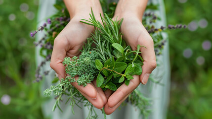 Female hands holding a bunch of medicinal organic herbs