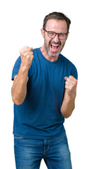 Canvas Print - Handsome middle age hoary senior man wearin glasses over isolated background very happy and excited doing winner gesture with arms raised, smiling and screaming for success. Celebration concept.