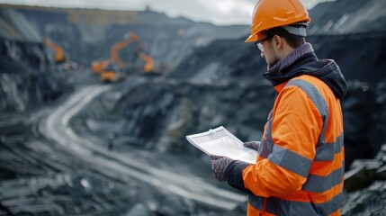 Wall Mural - A man in an orange safety vest is looking at a map while standing in a coal mine