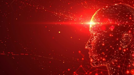Wall Mural - artificial intelligence and modern technology concept. glowing human face on a red background. ai le