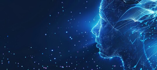 Wall Mural - artificial intelligence and modern technology concept. glowing blue human face on a dark background.