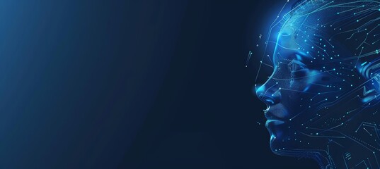 Wall Mural - artificial intelligence and modern technology concept. glowing blue human face on a dark background.
