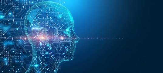 Wall Mural - artificial intelligence and modern technology concept. glowing blue human face on a dark background.