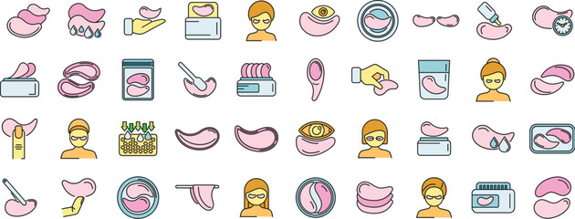 Poster - Eye patches icons set outline vector. Cream product. Mask age thin line color flat on white