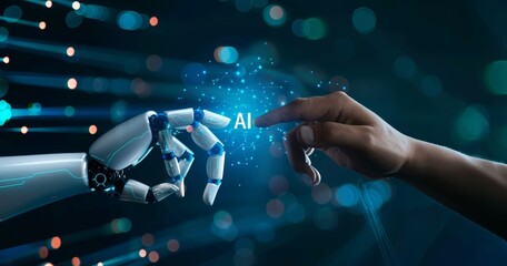 Wall Mural - white ai cyborg hand touches a human hand. artificial intelligence and human connection. futuristic 