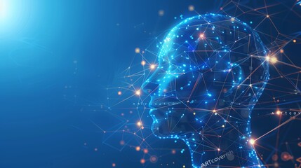 Wall Mural - artificial intelligence and modern technology concept. glowing blue human face on a dark background.