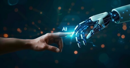 Wall Mural - white ai cyborg hand touches a human hand. artificial intelligence and human connection. futuristic 