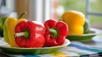 Wall Mural - Red, green and yellow sweet bell peppers on table, close up. 