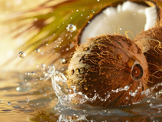 Ripe coconut broken into slices with droplets of water. Neural network AI generated art