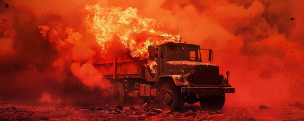 Wall Mural - a military truck consumed by blazing flames and thick smoke plumes, isolated on a vivid red