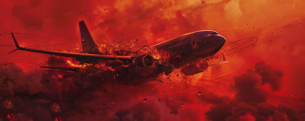 Wall Mural - a burning airplane engulfed in flames with thick black smoke billowing out, isolated on a bright red