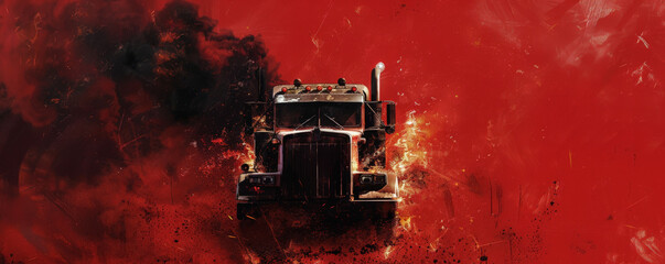 Wall Mural - a burning truck engulfed in flames with thick black smoke billowing out, isolated on a bright red