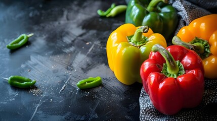 Wall Mural - Red, green and yellow sweet bell peppers on table, close up. 