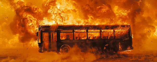 Wall Mural - a bus on fire, with flames licking up the sides and dense smoke swirling around, isolated on a