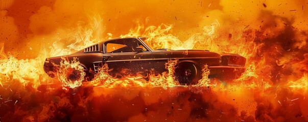 Wall Mural - a car on fire, with flames licking up the sides and dense smoke swirling around, isolated on a