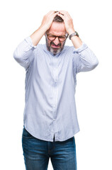 Sticker - Middle age hoary senior man wearing glasses over isolated background suffering from headache desperate and stressed because pain and migraine. Hands on head.