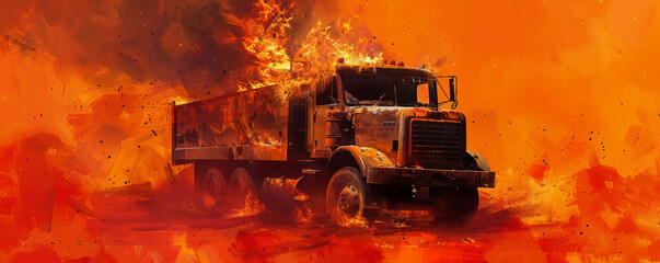 Wall Mural - a truck on fire, with flames licking up the sides and dense smoke swirling around, isolated on a vib