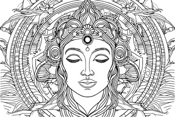 Beautiful woman drawing with ancient ornament in black and white coloring page, line style