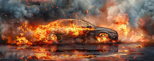 Wall Mural - a car on fire, with flames and thick smoke rising, isolated on a metallic silver background. the