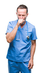 Canvas Print - Middle age hoary senior doctor man wearing medical uniform over isolated background feeling unwell and coughing as symptom for cold or bronchitis. Healthcare concept.