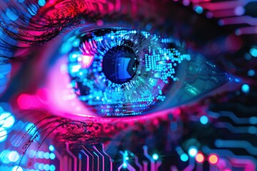 Close-up of a human eye with colorful digital circuit board integration, representing technology and innovation in the modern world.