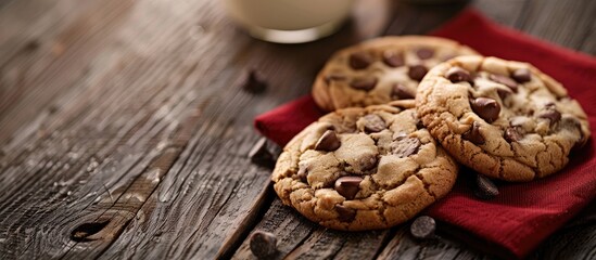 Poster - A close-up photo showcasing chocolate chip cookies set against a red napkin on a rustic gray wooden table, perfect for a kids' treat with a glass of milk in a selective focus copy space image.