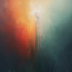 Poster - A painting of a cross with a blue sky background