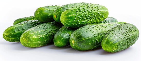 Poster - Front view of a cluster of crisp green cucumbers isolated on a white background with room for text or a image alongside.